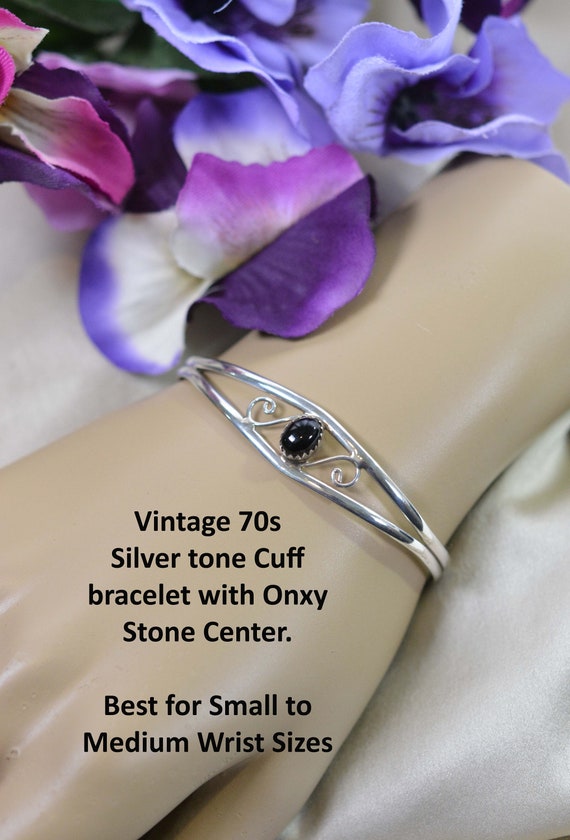 Silver Cuff Bracelet with Black Onyx Stone Center,