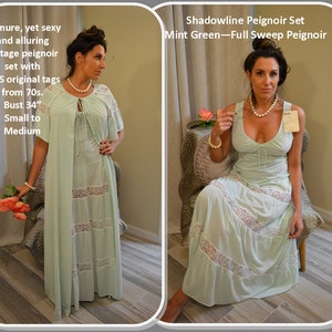 UNWORN Shadowline Mint Green Peignoir Set, Robe, Nightgown, White Lace, Full Sweep Skirt, Feminine, Long, Bust 34, S/M, Vtg 70s NOS w/tag image 1