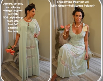 UNWORN Shadowline Mint Green Peignoir Set, Robe, Nightgown, White Lace, Full Sweep Skirt, Feminine, Long, Bust 34&quot;, S/M, Vtg 70s NOS w/tag