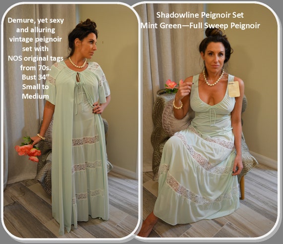UNWORN Shadowline Mint Green Peignoir Set Robe Nightgown White Lace Full Sweep Skirt Feminine Long Bust 34 S M Vtg 70s NOS W tag Etsy UK