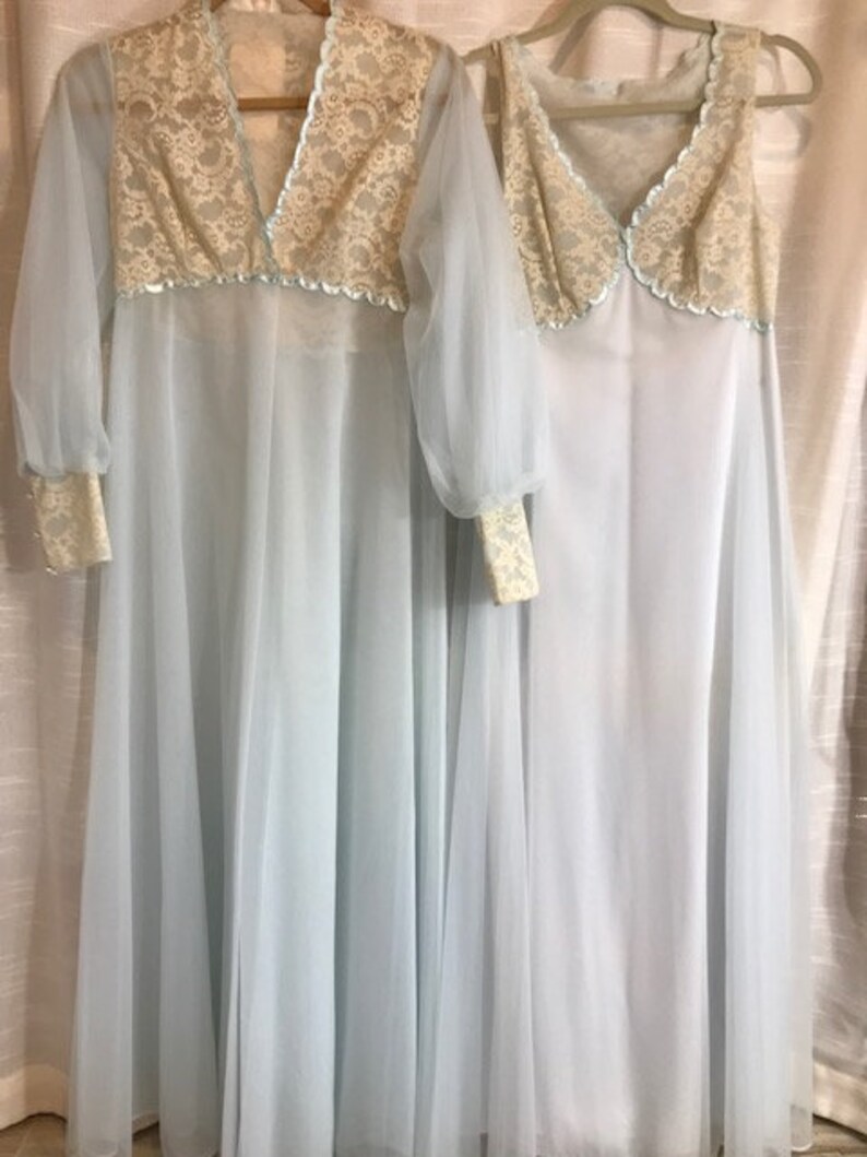 Unworn SHADOWLINE Peignoir Night Gown Small Light Blue Lots of Lace Robe Honeymoon NOS wTag,Chiffon Double Nylon Bridal Vintage