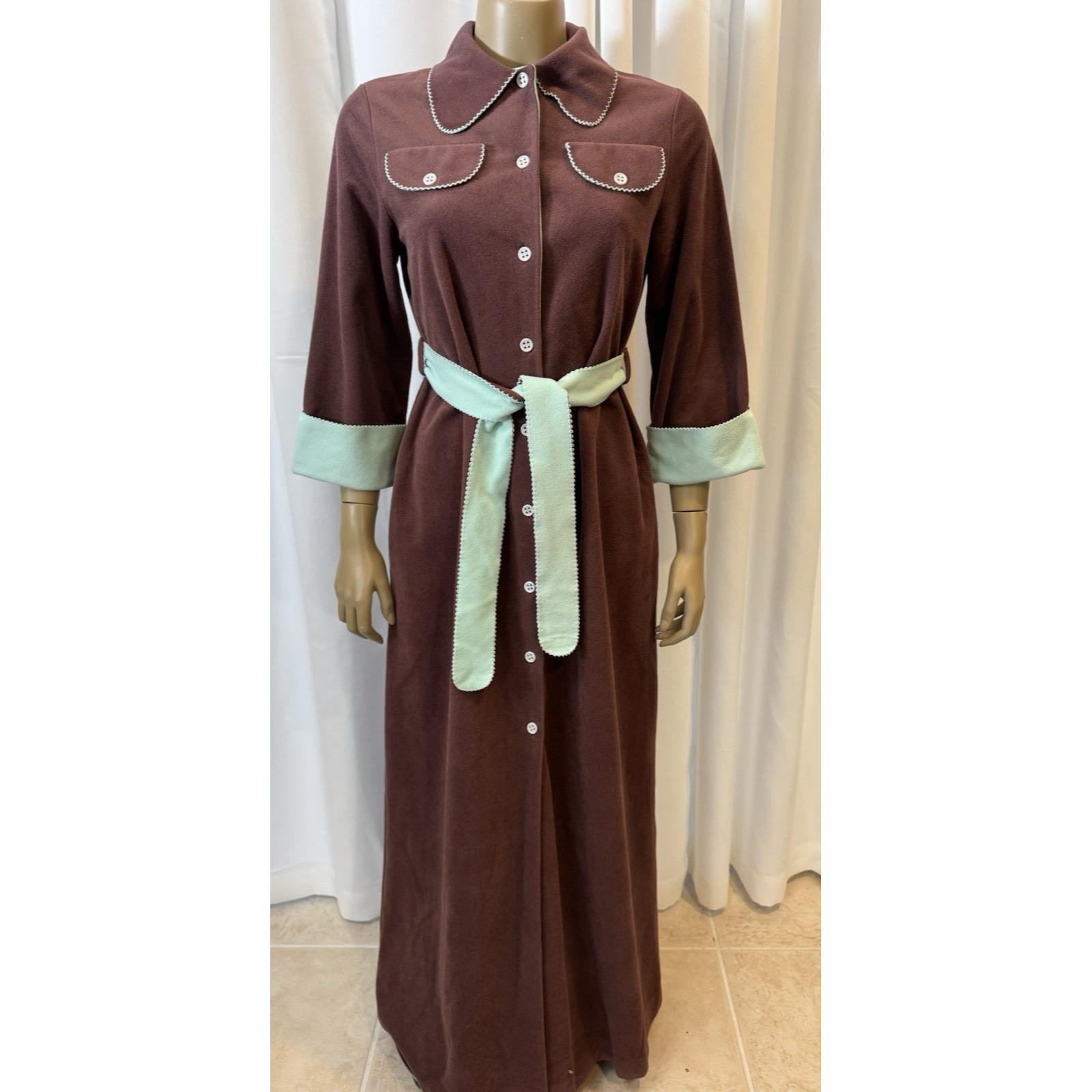 ladies button down dressing gown Vintage 70s Vassarette Brown & Blue Fleece Bath Robe Gown, Sz M Made USA 70's old lady housecoat