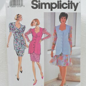 May include: Simplicity sewing pattern number 7658 for sizes 6-10. The pattern includes instructions for making a dress with a skirt, a jacket, and a vest. The dress is shown in a floral print, the jacket is pink, and the vest is light blue.