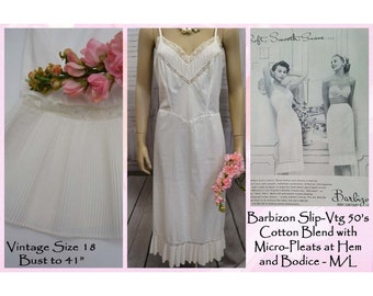 Vintage Slip BARBIZON. Sorrento Zephaire, Cotton Blend, Best Fit for M/L, White, Micro-Pleats, VTG 50's