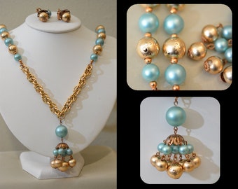 Turquoise and Gold Bead Tassel Necklace, Matching Earrings, Unusual Gold Beads, Vintage 70s, MINT Condition, Fun Summer Set!