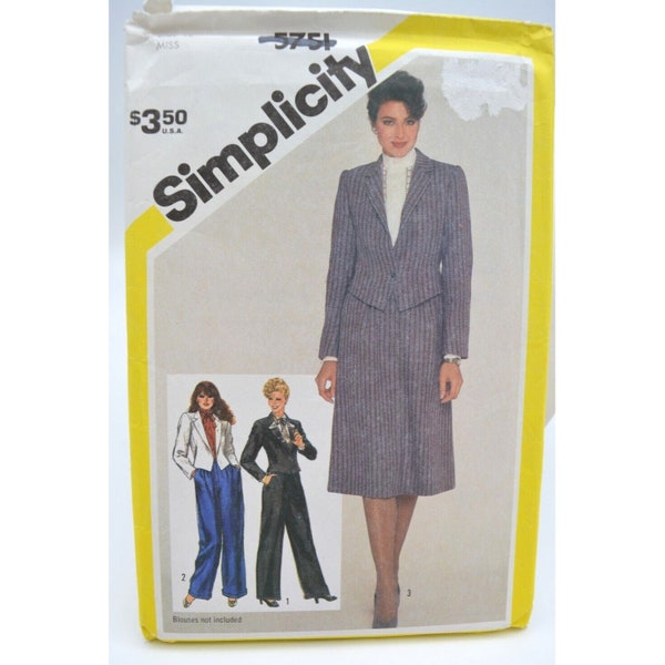 UNCUT Simplicity 5751 Pattern, Sz 12, Short Notch Collared Jacket, Loose Fitting Pants, A-Line Skirt, VTG 80s