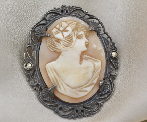 VICTORIAN Revivial Cameo Brooch, Blackened Silver… - image 1