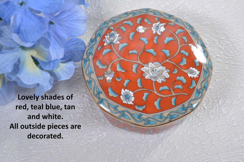 Porcelain Vtg Teal Florals Floral Imari Design Hand Decorated Trinket Box Red TAKAHASHI Etude 4 Octagon Shaped 1986 San Francisco