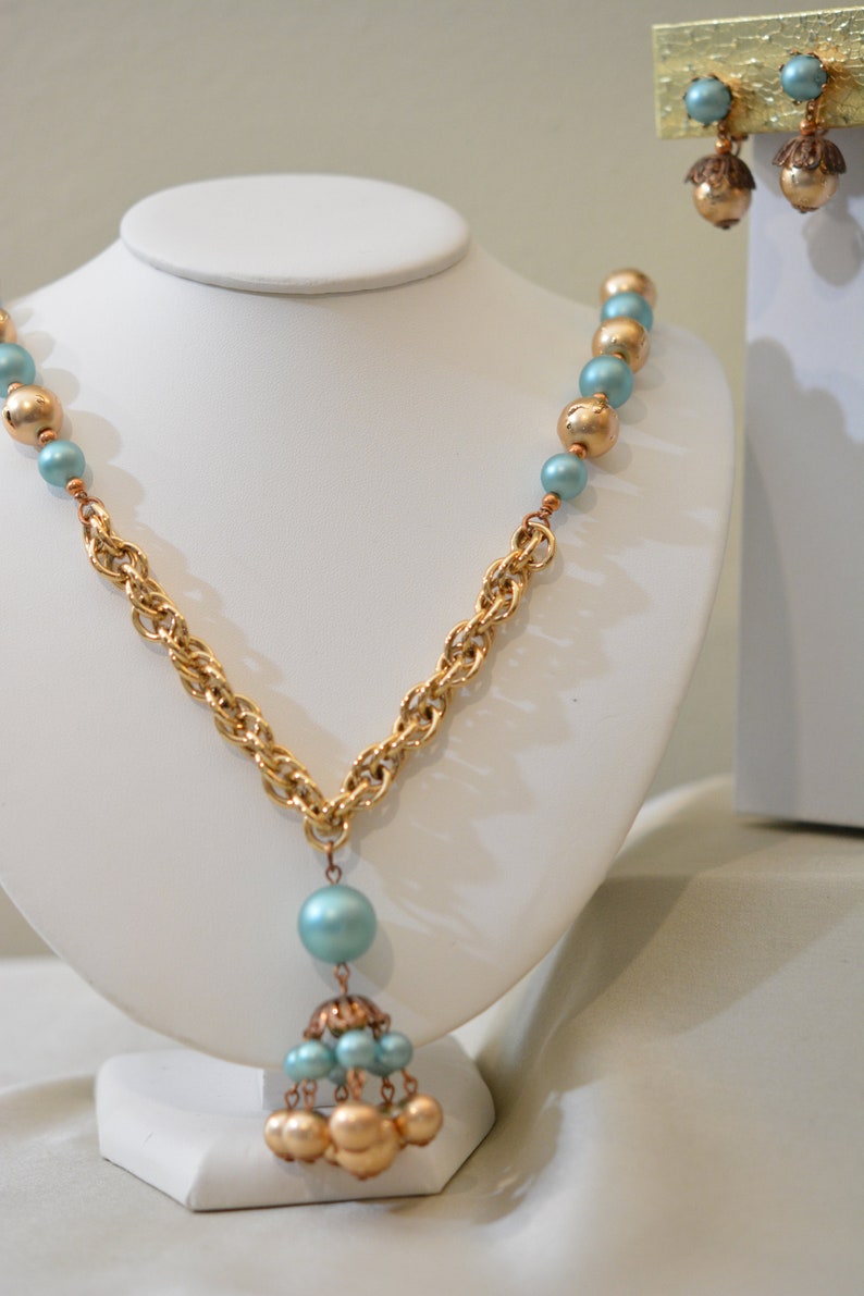 MINT Condition Unusual Gold Beads Vintage 70s Turquoise and Gold Bead Tassel Necklace Fun Summer Set! Matching Earrings