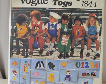 Patroon ONBESNEDEN Vogue 1844, transfer-togs voor peuters, jumpsuit jumper, boomers, blouse, rok, maat 2 transfers voor appliqués VTG 70s