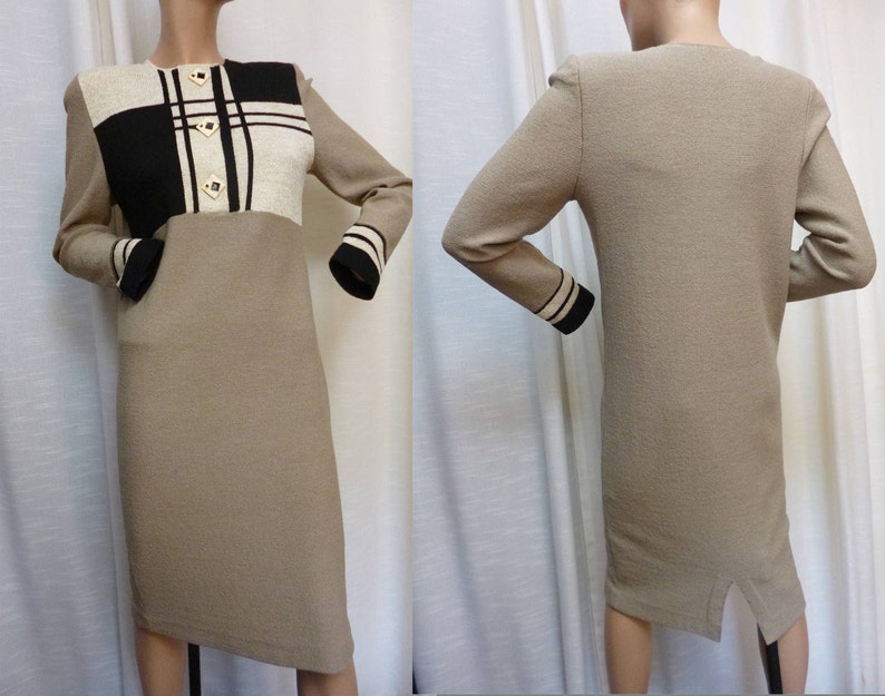 Enamel Abstract Buttons Steve Fabrikant Dress Santana Knit SMed Geometric Linear Design Beige Black Sparkles Vintage