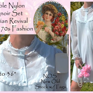 Unworn SHADOWLINE Peignoir, Light Blue, Robe, Night Gown, NOS W/ Tags, Sheer Chiffon, Lace, Double Nylon, Demure, Bust to 36&quot;, S/M, Vtg 70s