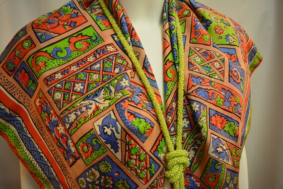 Silk Scarf, Block Pattern Design,Blue, Lime Green… - image 4