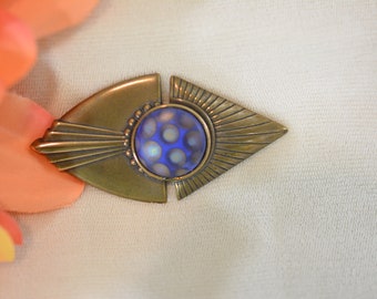 Art Deco Inspired Brooch, Unsigned JAN MICHAELS of San Francisco, Designer, Antique Gold with Blue Multi Colored Cabochon, Vtg 90s