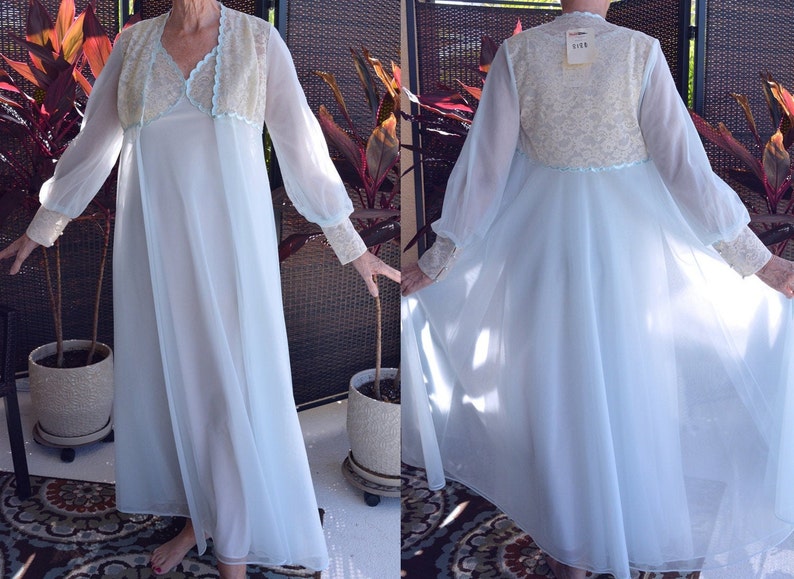 Unworn SHADOWLINE Peignoir Night Gown Small Light Blue Lots of Lace Robe Honeymoon NOS wTag,Chiffon Double Nylon Bridal Vintage