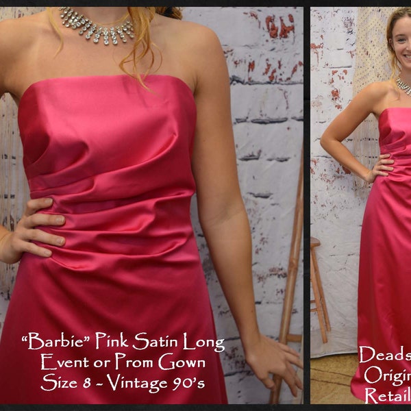 Prom Dress Long Sz 8, ABS Collection, DEADSTOCK w/Tags, Barbie Pink Strapless Event Evening Gown, Ruched at Side Vintage 80s/90s
