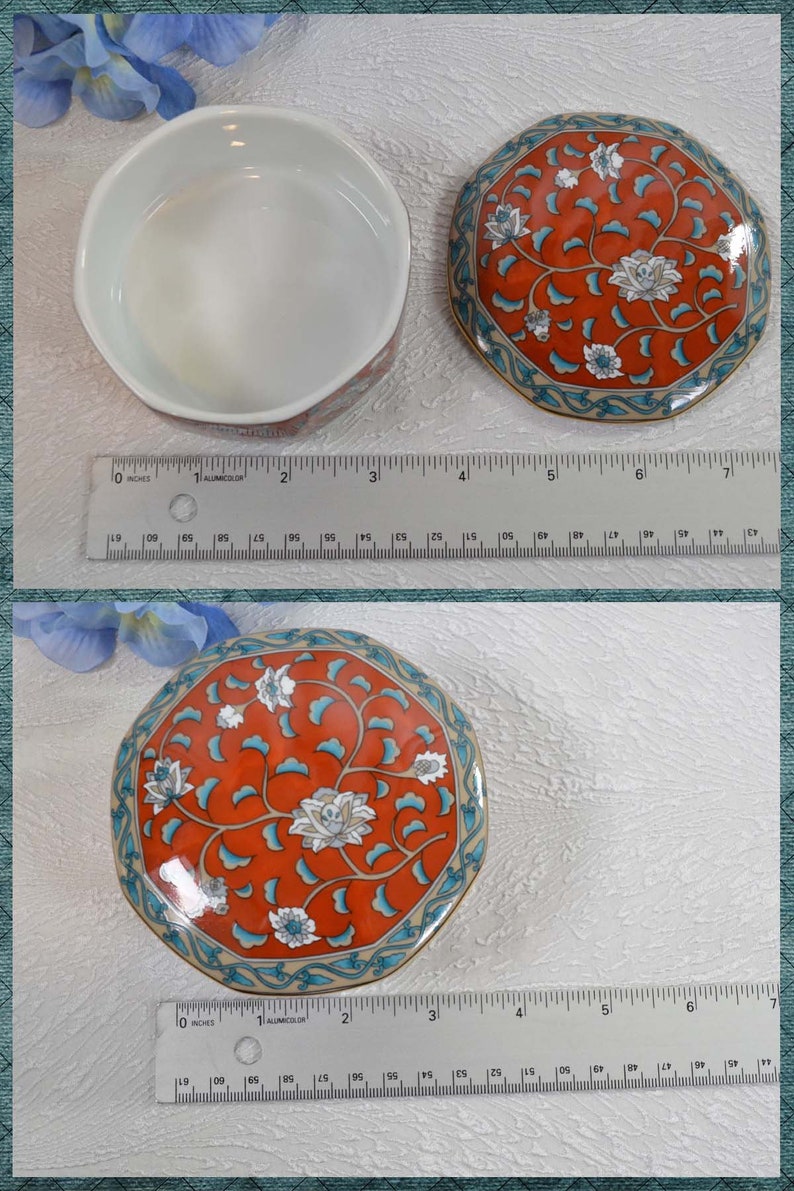 Porcelain Vtg Teal Florals Floral Imari Design Hand Decorated Trinket Box Red TAKAHASHI Etude 4 Octagon Shaped 1986 San Francisco