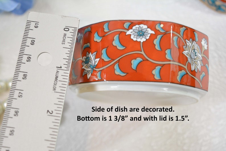 Porcelain Vtg Teal Florals Floral Imari Design Hand Decorated Trinket Box Red TAKAHASHI Etude 4 Octagon Shaped 1986 San Francisco