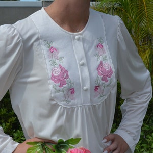 Unworn SHADOWLINE Night Gown, Winter White, Pink Floral Embroidery, Knee Length , NOS W/ Tags, Bust to 42&quot;, Soft and Warm, Long Sleeves