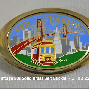 SAN FRANCISCO Solid Brass Belt Buckle, Golden Gate Bridge, Transamerica Pyramid, Street Cars, Colorful Enamel, Souvenir, Oval, Vtg 80s