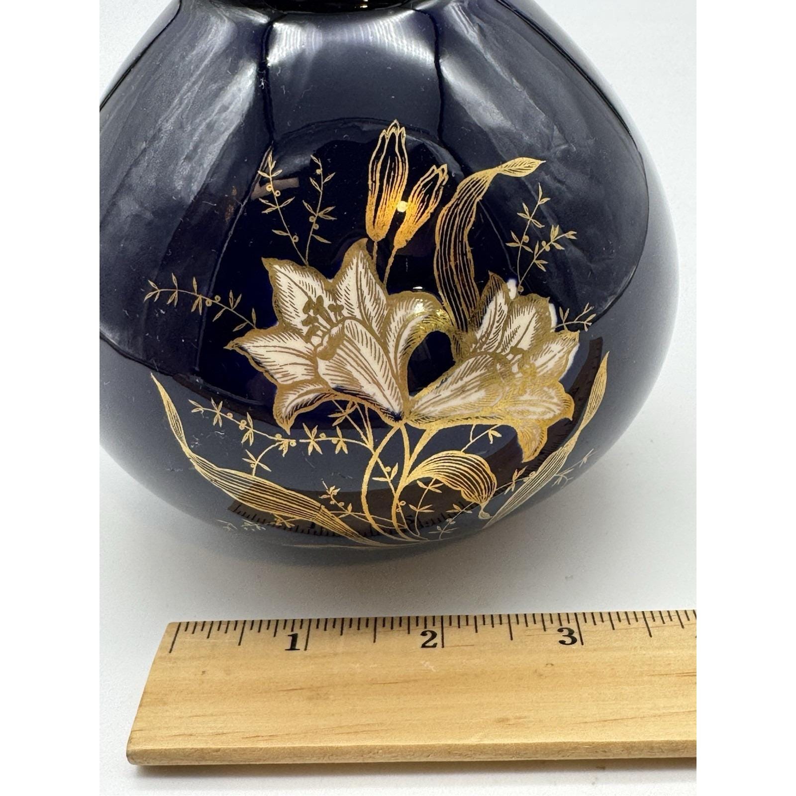 VTG コバルトブルーの花瓶、LIMBURG サイン入り、磁器、ドイツ、金色の