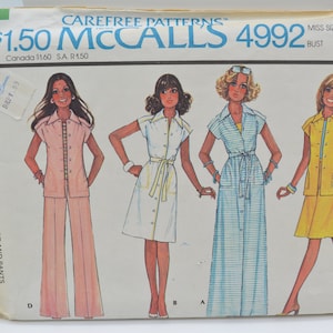 UNCUT McCall&#39;s 4992 Pattern, Misses Dress, Jacket, Skirt 7 Pants, Button Front Dress and Jacket, Yoke Front, Belt, Bust 32.5&#39; Vtg 70&#39;s Sz 10