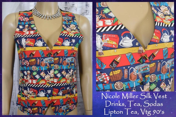 NICOLE MILLER Silk V Neck Vest, Drinks, Teapot, L… - image 1