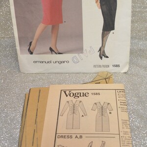 VOGUE 1585 Patrón, Paris Original EMANUEL UNGARO, Vestido, Semi-ajustado, Frente Ruched, Busto 32.5", Vtg 80s Tamaño 10, Corte / Completo imagen 2