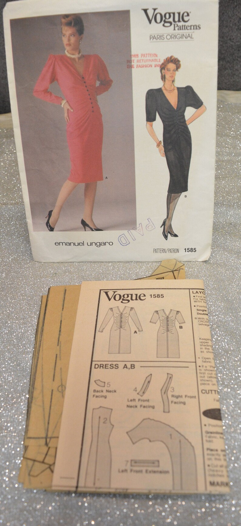 VOGUE 1585 Patrón, Paris Original EMANUEL UNGARO, Vestido, Semi-ajustado, Frente Ruched, Busto 32.5", Vtg 80s Tamaño 10, Corte / Completo imagen 2