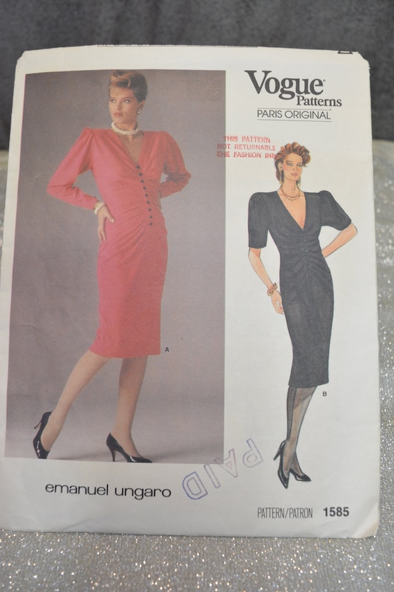 VOGUE 1585 Pattern, Paris Original EMANUEL UNGARO, Dress, Semi-fitted, Ruched Front, Bust 32.5", Vtg 80s Size 10, Cut/Complete