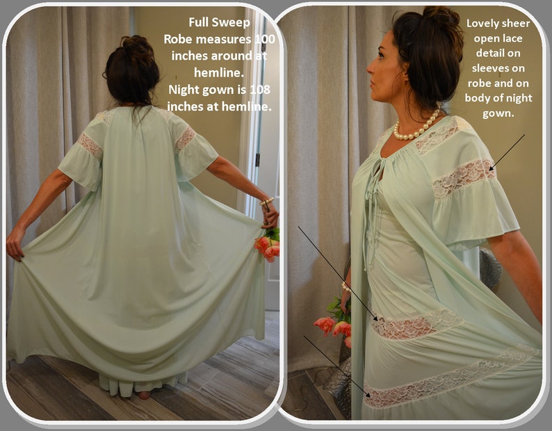 UNWORN Shadowline Mint Green Peignoir Set, Robe, Nightgown, White Lace, Full Sweep Skirt, Feminine, Long, Bust 34, S/M, Vtg 70s NOS w/tag image 7