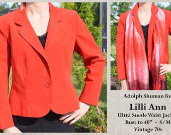 Lilli Ann Red Ultra Suede Waist Jacket Coat, Adolph Schuman, Lined, Semi Fitted, Hand Washable, Union Label USA, Bust to 40