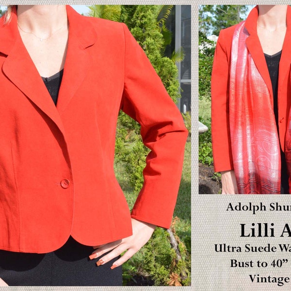 Lilli Ann Red Ultra Suede Waist Jacket Coat, Adolph Schuman, Lined, Semi Fitted, Hand Washable, Union Label USA, Bust to 40", S/M, Vtg 70s