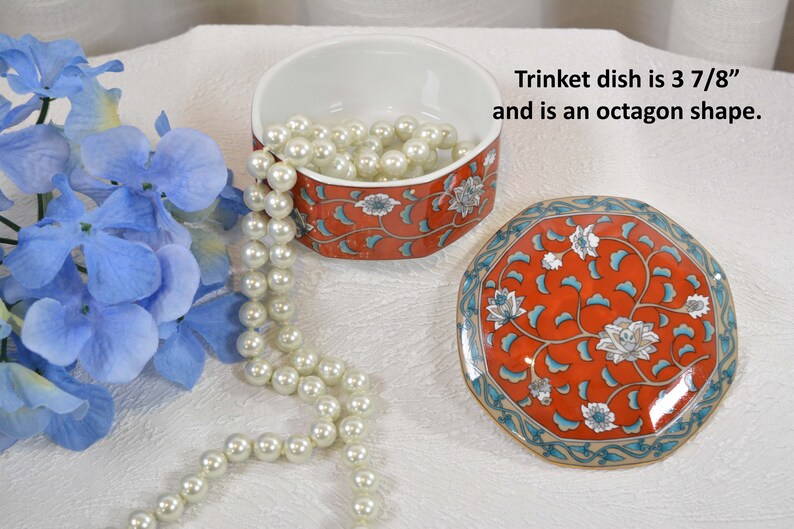Porcelain Vtg Teal Florals Floral Imari Design Hand Decorated Trinket Box Red TAKAHASHI Etude 4 Octagon Shaped 1986 San Francisco