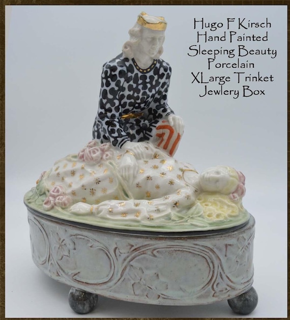 Rare XL Hand Painted Porcelain Trinket Box, Sleeping Beauty, Hugo Kirsch
