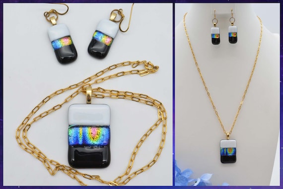 Dichroic Fused Art Glass Pendant Necklace with Ma… - image 1