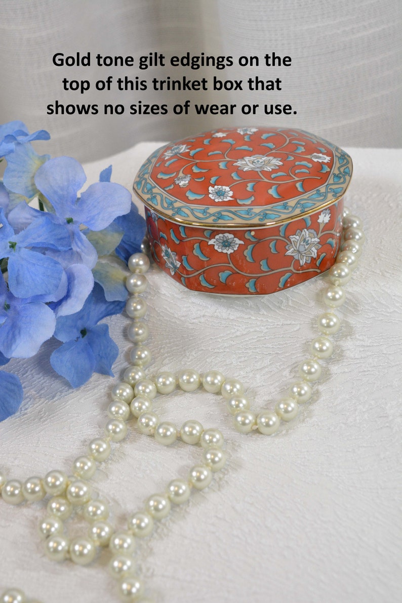 Porcelain Vtg Teal Florals Floral Imari Design Hand Decorated Trinket Box Red TAKAHASHI Etude 4 Octagon Shaped 1986 San Francisco