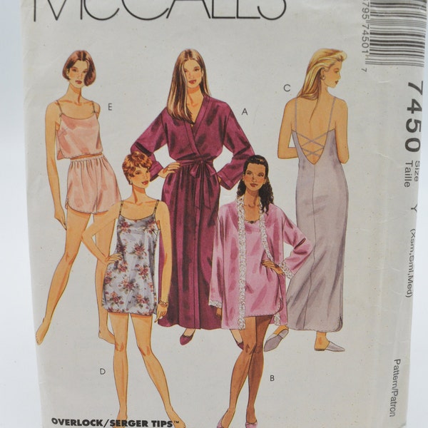 UNCUT McCall's 7450 Pattern, Sz XS to Medium, Night Gown, Robe, Camisole, Tap Pant Shorts, VTG Bust 30.5-36" Sz 4 to 14