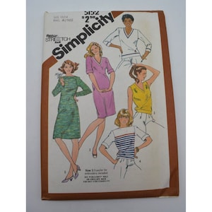 May include: Simplicity sewing pattern number 250 for sizes 13/14. The pattern includes five different views of a dress and a top. The pattern is for knit fabrics and includes a transfer for embroidery.