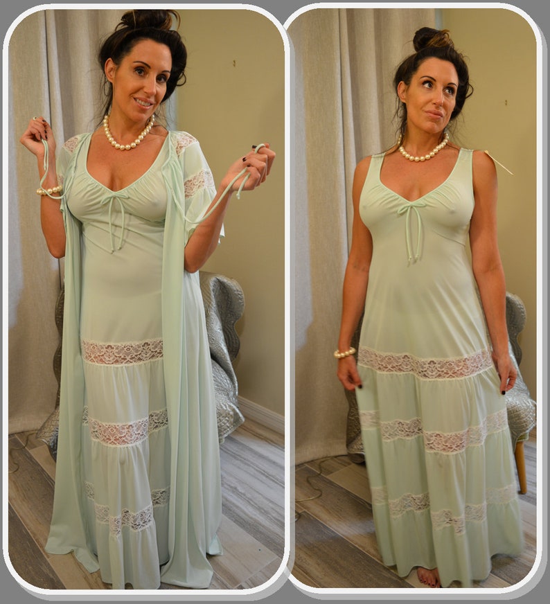 UNWORN Shadowline Mint Green Peignoir Set, Robe, Nightgown, White Lace, Full Sweep Skirt, Feminine, Long, Bust 34, S/M, Vtg 70s NOS w/tag image 6