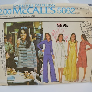 UNCUT McCall es 5662 Muster, Stretch Strick, Marlo Thomas, Bell Bottom Pants, Cowl Neck Pullover Bluse und Kleid, Büste 34&quot; Vtg 70s Sz 12