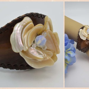 Boho Chic - Mother of Pearl Floral Leather Cuff Bracelet, AB Aurora Borealis Stamen, Creamy White Mother of Pearl Petals, Fits Most, Vtg 70s
