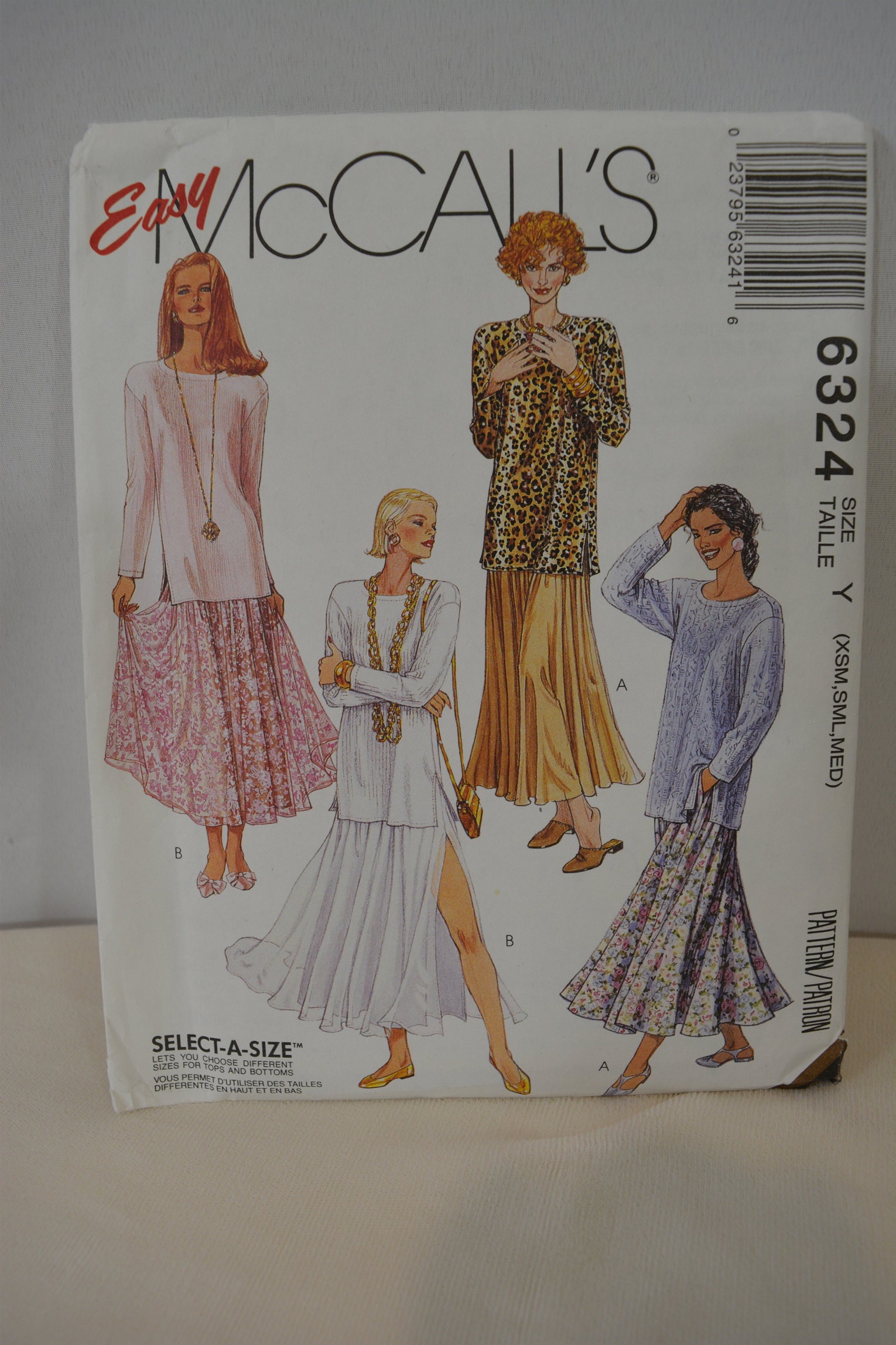 UNCUT McCalls 6324 Pattern, Tunic Long Top, Skirt, Loose Fitting, Pullover, Pull on Skirt, Elastic Waist,Bust 29.5 to 36", XS,S, Med,Vtg 90s