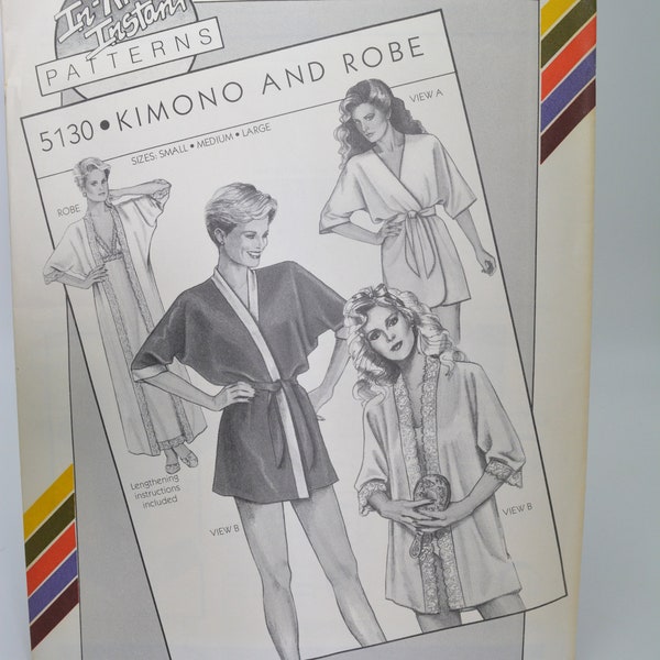 UNCUT Stretch and Sew 5130 Pattern, Kimono and Robe Options, Loose Fitting, Dolman Sleeves, Self Belt, Size S, M, L, Bust 30 to 46", Vtg 80s