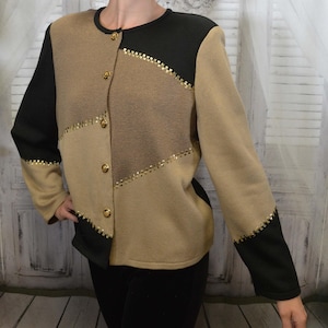 Stunning Color Block Knit Sweater Cardigan Jacket, PATCHINGTON, Black, Tan, Taupe w/Gold Diagonal Studs,Button Front, Bust to 43" Large, USA