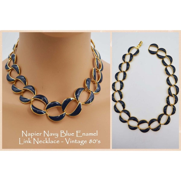 Vintage Necklace, NAPIER Navy Blue Enamel Links, Gold Tones, 18" Signed Vtg 80's, Signed two places on Necklace