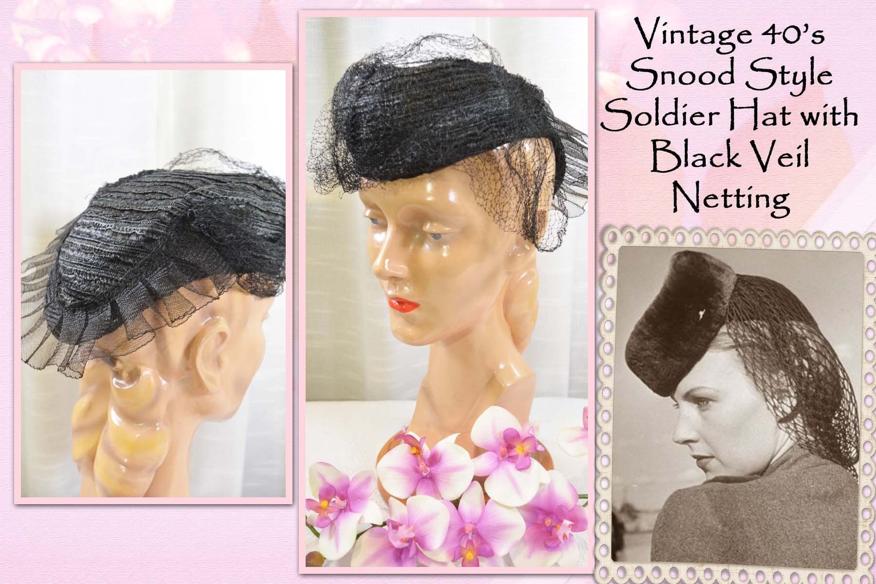 Feminine Little Soldier Pillbox Snood Hat, Black Cellophane 