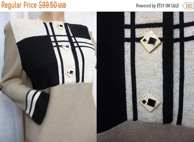 Enamel Abstract Buttons Steve Fabrikant Dress Santana Knit SMed Geometric Linear Design Beige Black Sparkles Vintage