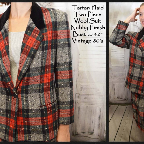 Tartan Plaid Business Suit, Blazer Jacket & Skirt, JONES New York, Made Korea, Velvet Collar, Lined, Bust to 42", Best Fit Medium, Vtg 80's