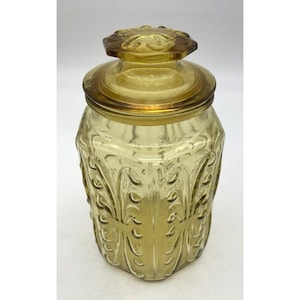 Vintage Glass Cannister, LE Smith Atterbury Scroll, Amber Golden Topaz, 9.5&quot; T, 6 Sided, Micentury, 60&#39;s